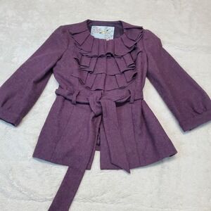 Anthropologie Tabitha Plum Purple Foliage Finder Artsy Ruffle Wool Belted Coat S